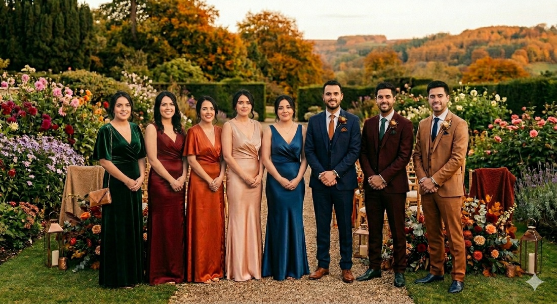 Cortejo de boda en un jardín otoñal mostrando la paleta de colores en vestidos y trajes: verde, borgoña, terracota, champagne, azul marino y cobre